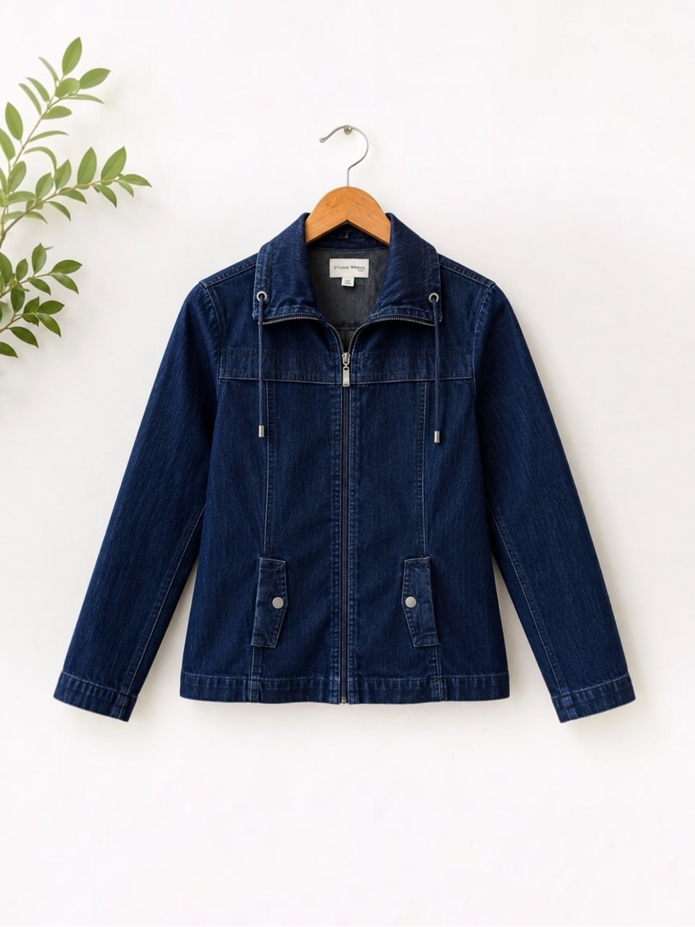 Studio Works Petite Denim Zip Front Jacket PM Dark Wash Stretch Utility Jacket
